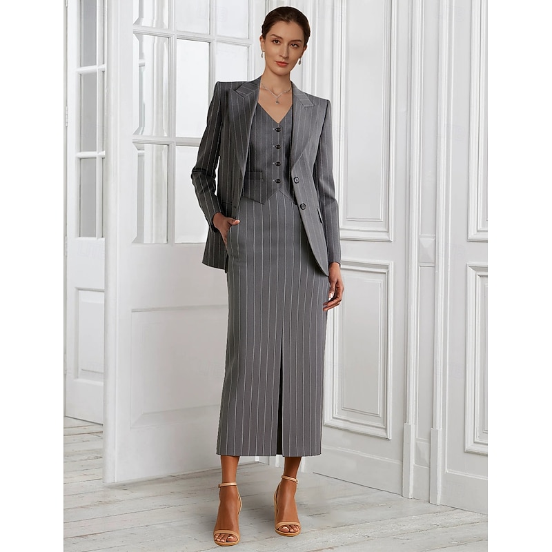 3 Pieces Tuxedo Dress Sets Sheath / Column Formal Wedding Guest Stretch Crepe Pinstripe Elegant Simple Long Sleeve Tea Length Peak Lapel Single Breasted