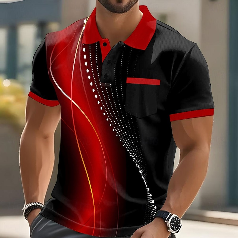 Men's Geometic Line Polo Short Sleeve Polo Shirts Collared Shirts Business Casual Outdoor Athleisure Daily Wear Pocket 3D Print Buttons Summer Lake blue Red Blue2