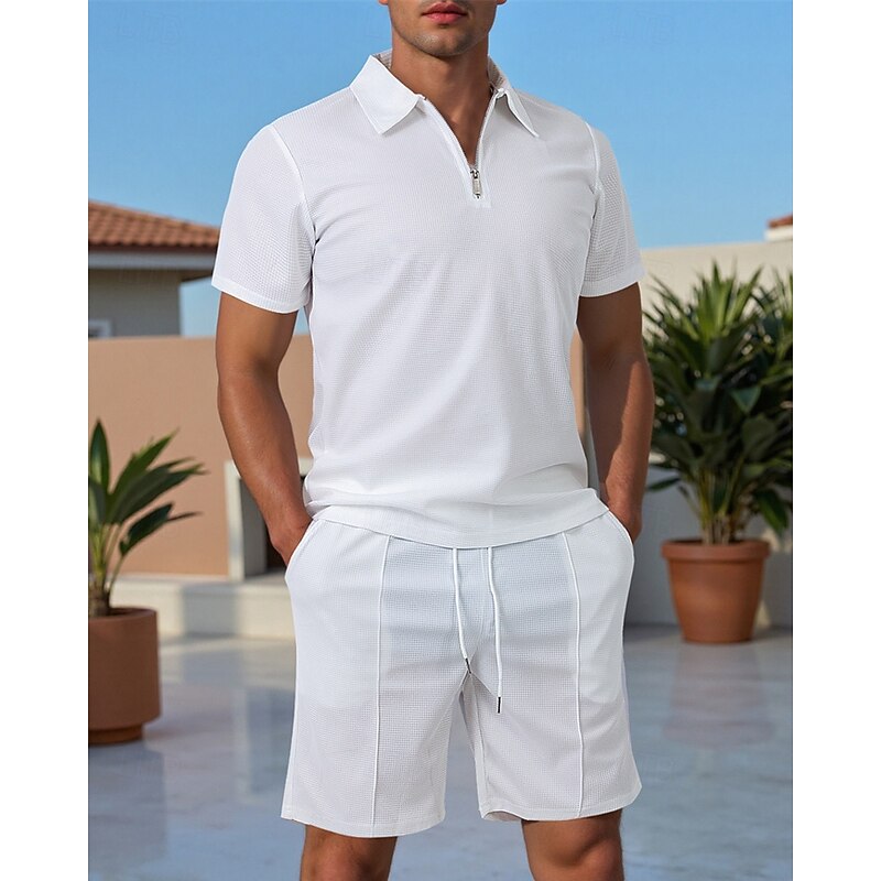 Men's Polo Shirts Zip Polo Outdoor Daily Wear Lapel Short Sleeve Fashion Hawaiian Plain 2 Piece Summer Regular Fit Black White Navy Blue Royal Blue Sky Blue Khaki Polo Shirts