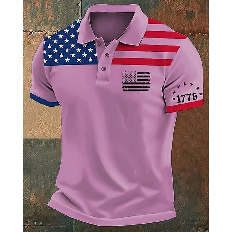 American Independence Day Men's American US Flag Polo Shirts Button Up Polos Golf Shirt Short Sleeve Polo Shirts Lapel Fashion Casual Daily Festival Print Summer White Pink Red3