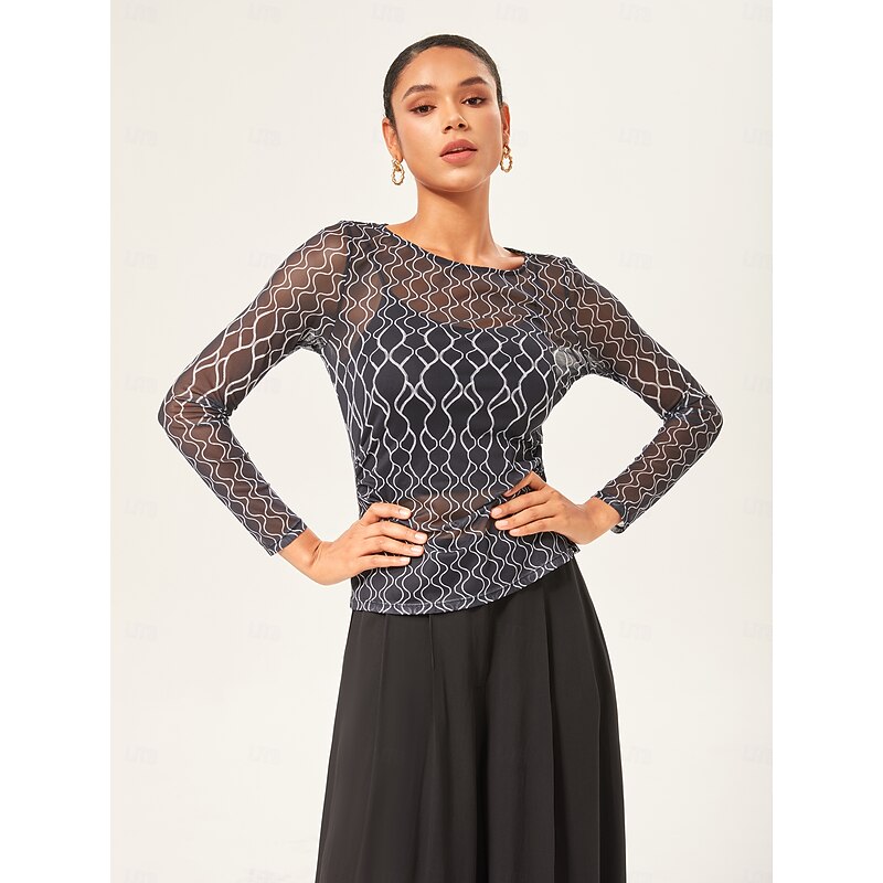 Women's Female Bottoming Shirt Geometric Casual Illusion Sleeve Black Long Sleeve Elegant Bohemia Vacation Crew Neck Summer Fall Cross-Seasons