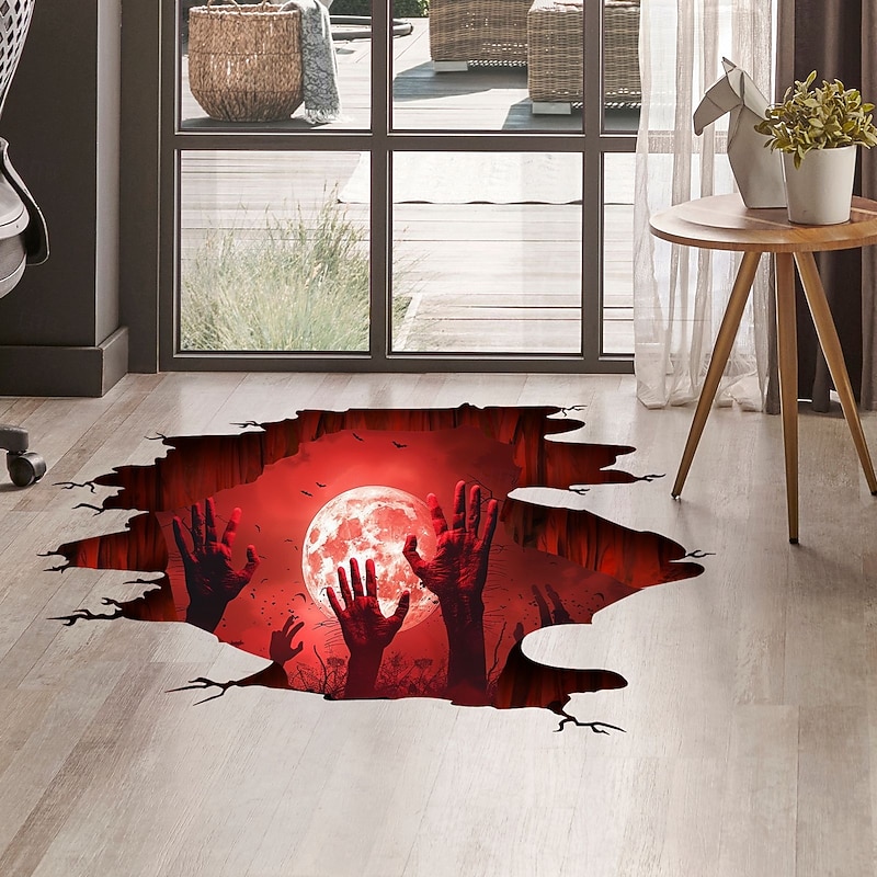 Halloween Floor & Wall Decal Sticker 3D Scary Red Moon and Hand Breakthrough Design, Self-Adhesive Floor and Wall Decor for Bedroom and Living Room3