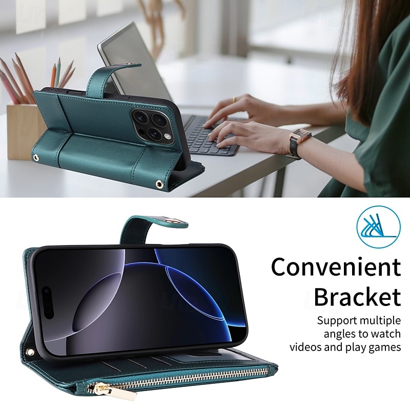 Phone Case For iPhone 16 15 14 Pro Max Plus 16e 13 Pro Max Wallet Case with Stand Holder Zipper Full Body Protective Retro TPU PU Leather2