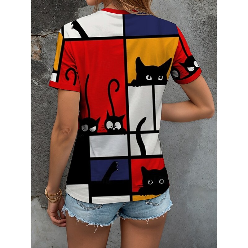Women's T Shirt Graphic Geometric Cat Vintage Stylish Classic Short Sleeve Crew Neck Round Neck Regular Tops Daily Weekend Print Yellow Red Blue Summer Spring2