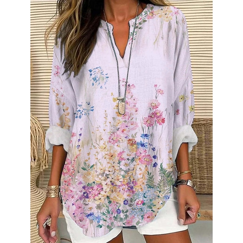 Women's Shirt Floral Stylish Modern Long Sleeve V Neck Regular Tops Daily Holiday Buttons Print Black Yellow Pink Purple Orange Summer