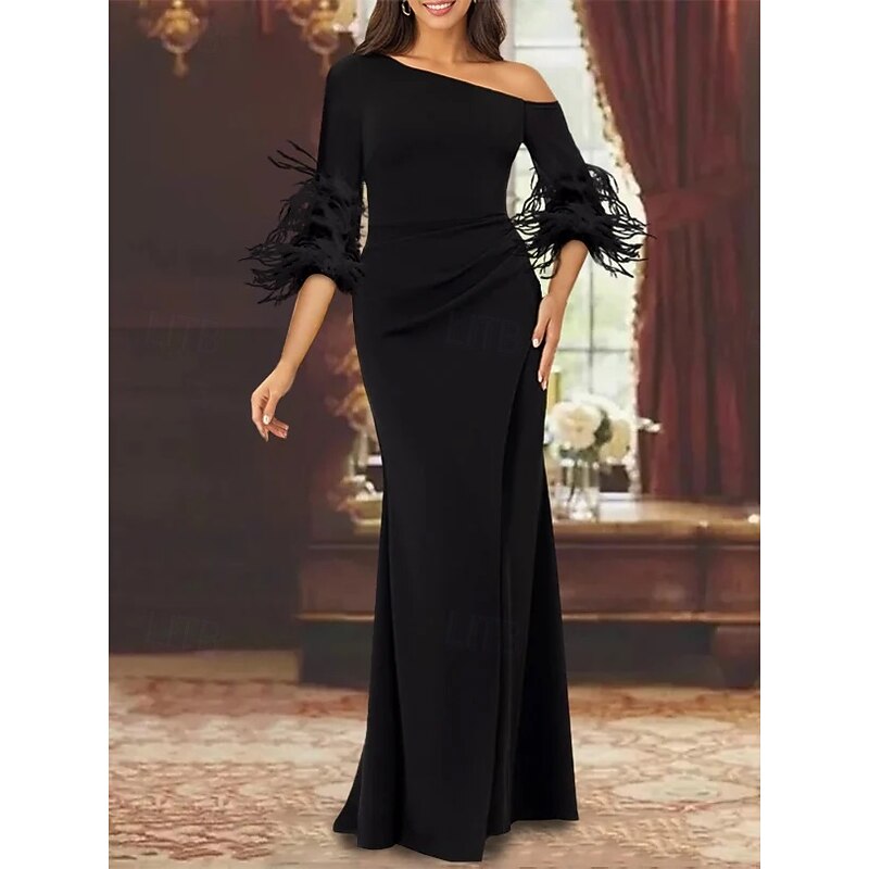 Black Tie Mermaid Feather Evening Gown Elegant Dress Formal Wedding Guest Floor Length Long Sleeve Off Shoulder Detachable Stretch Crepe