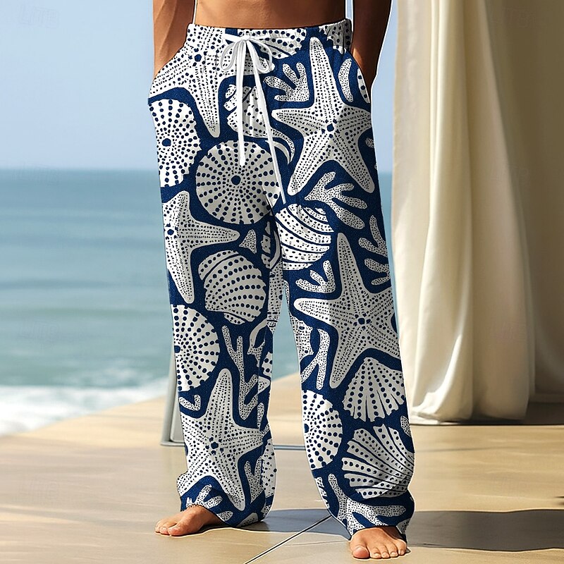Men's Starfish Marine Life Trousers Baggy Pants Casual Pants Mid Waist Hawaiian Vacation Holiday Beach Wear Drawstring Elastic Waist Wide Leg Summer Spring 3D Print Black Dark Red Navy Blue2