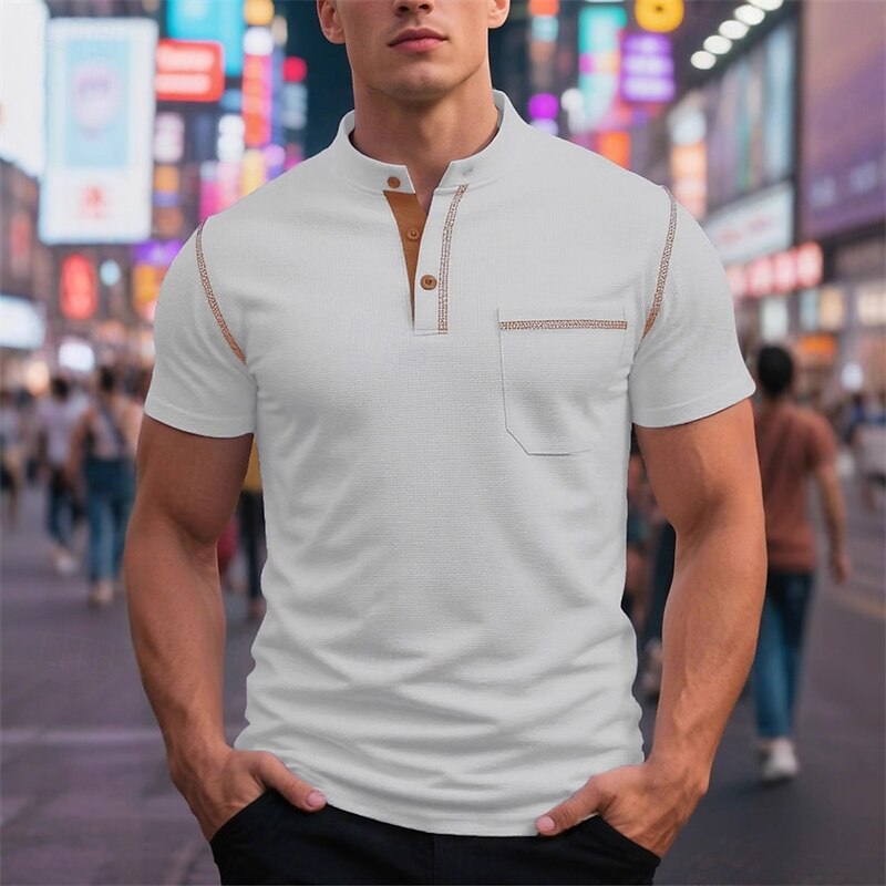 Men's T Shirt Henley Shirt Tee Short Sleeve Shirt Short Sleeve Henley Summer Color Block Fashion Designer Basic Patchwork Pocket Vacation Street Going out Wine Black White Top Tee for Men