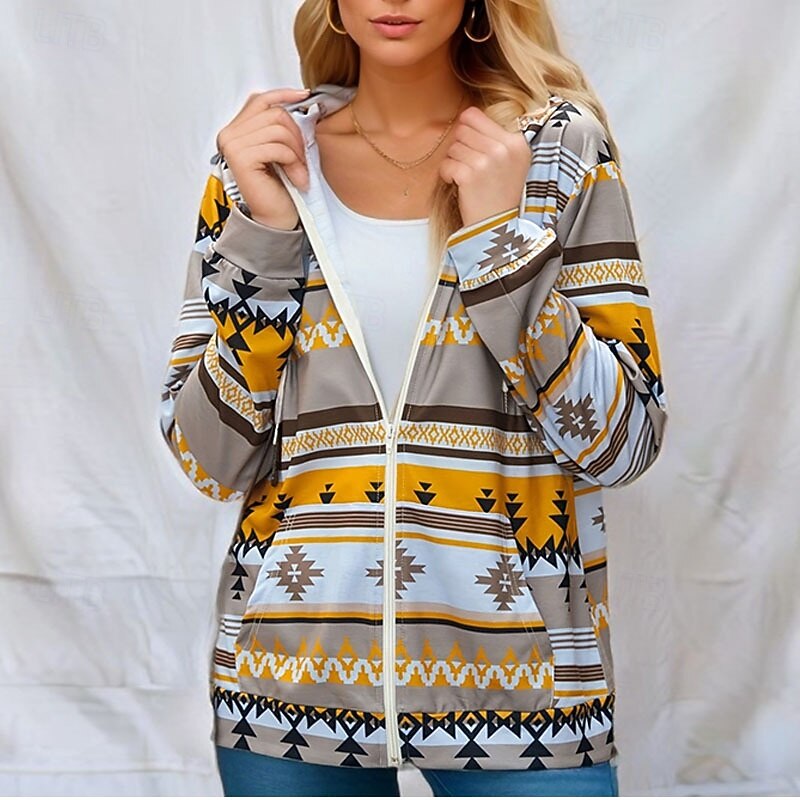 Women's Zip Up Hoodies Tribal Streetwear Casual Comfy Long Sleeve Hooded Regular Tops Street Holiday Going out Zip Up Print Black Yellow Red Gray Fall