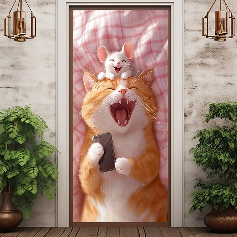 Cute Animal Selfie Door Decorations Door Covers Door Tapestry Door Curtain Decoration Backdrop Indoor/Outdoor Door Banner for Front Door Farmhouse