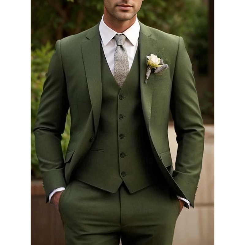Men's Wedding Suits Notch Lapel Army Green Party Formal Solid Colored Standard Fit 3 Piece Single Breasted Two-buttons