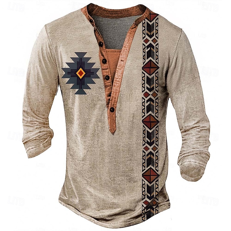 Men's Geometric Print T Shirt Henley Shirt Long Sleeve Designer Retro Vintage Ethnic Street Casual Daily Summer Spring Fall Khaki Henley Henley T-Shirt