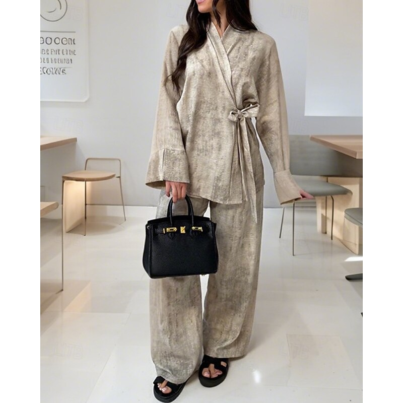 Women's Active Blouse Pants Sets Long Sleeve V Neck Plain Lace up Daily Holiday Going out Green Beige Fall Regular Fit3