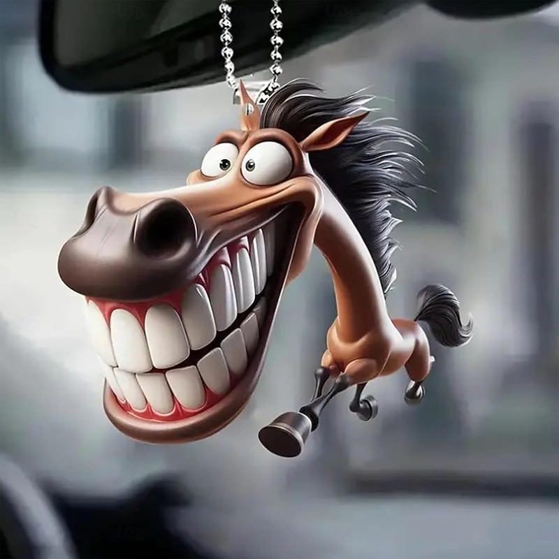 Car Mirror Ornament Funny 2D Horse Car Decoration - Prank Cartoon Flat Pendant For Vehicle Decor Men Women Christmas Party Birthday Bag