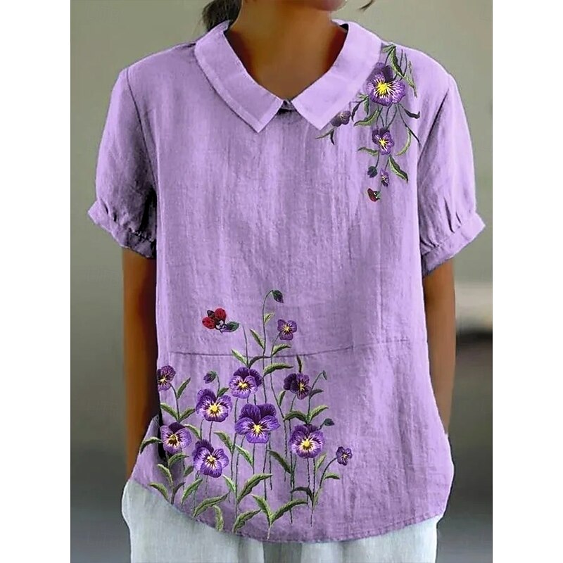 Women's Blouse Floral Graphic 3D Vintage Tropical Daily Short Sleeve Shirt Collar Peter Pan Collar Regular Tops Daily Holiday Going out Print Violet Summer Spring Fall