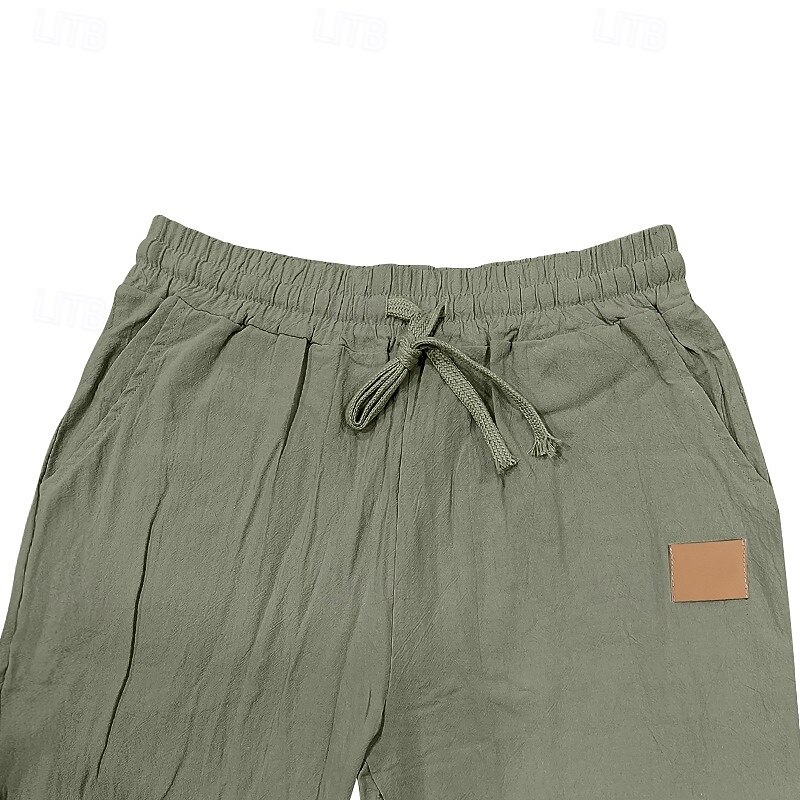 Men's Linen Pants Trousers Summer Pants Baggy Pants Beach Pants Drawstring Elastic Waist Straight Leg Solid Color Plain Comfort Breathable Full Length Outdoor Holiday Beach Vacation Fashion Black4