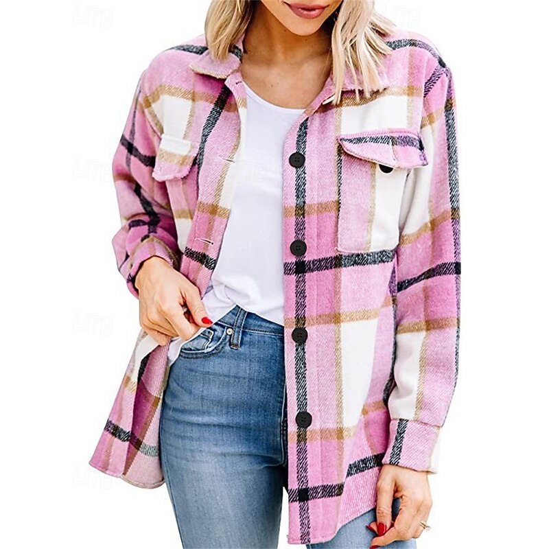 Women's Shirt Jacket Casual Jacket Warm Comfortable Pocket Fashion Outdoor Plaid Going out Weekend Single Breasted Regular Turndown Regular Fit Long Sleeve Outerwear Pink Red Blue Fall Winter2