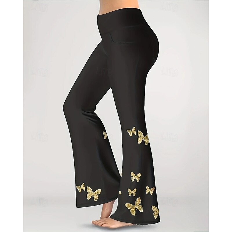 Women's Slacks Anti Chafing Shorts Cozy Leggings Streetwear Casual Full Length Natural Flower Elastic Waist Printing Comfy Outdoor Comfortable Vacation Weekend Black Golden Golden Black Fall Regular3