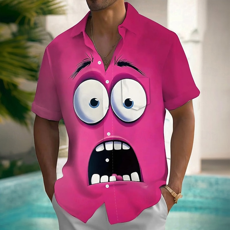 Men's Cartoon Funny Smile Face Shirt Button Up Shirt Short Sleeve Fashion Casual Vacation Party Holiday Summer Turndown 3D Print Collared Shirts Front One Pocket Rose Red