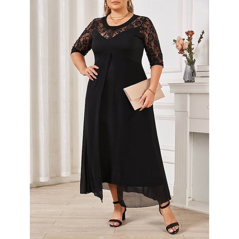 Women's Plus Size Black Dress Pure Color Crew Neck Half Sleeve Summer Spring Elegant Midi Dress Party Dress3