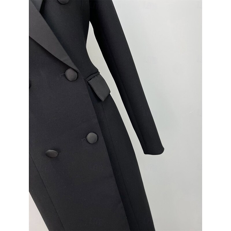 Tuxedo Dress Sheath Formal Wedding Guest Formal Evening Satin Elegant Long Sleeve Ankle Length Shirt Collar Double Breasted3