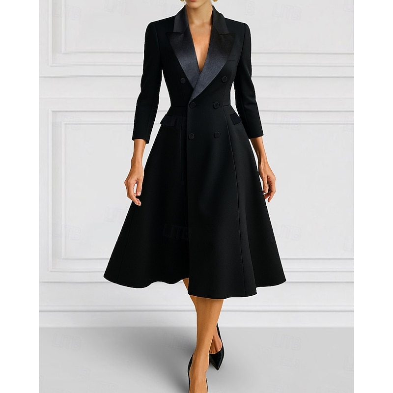 Tuxedo Dress A-Line Formal Wedding Guest Satin Elegant Minimalist 3/4 Length Sleeve Tea Length Lapel Double Breasted