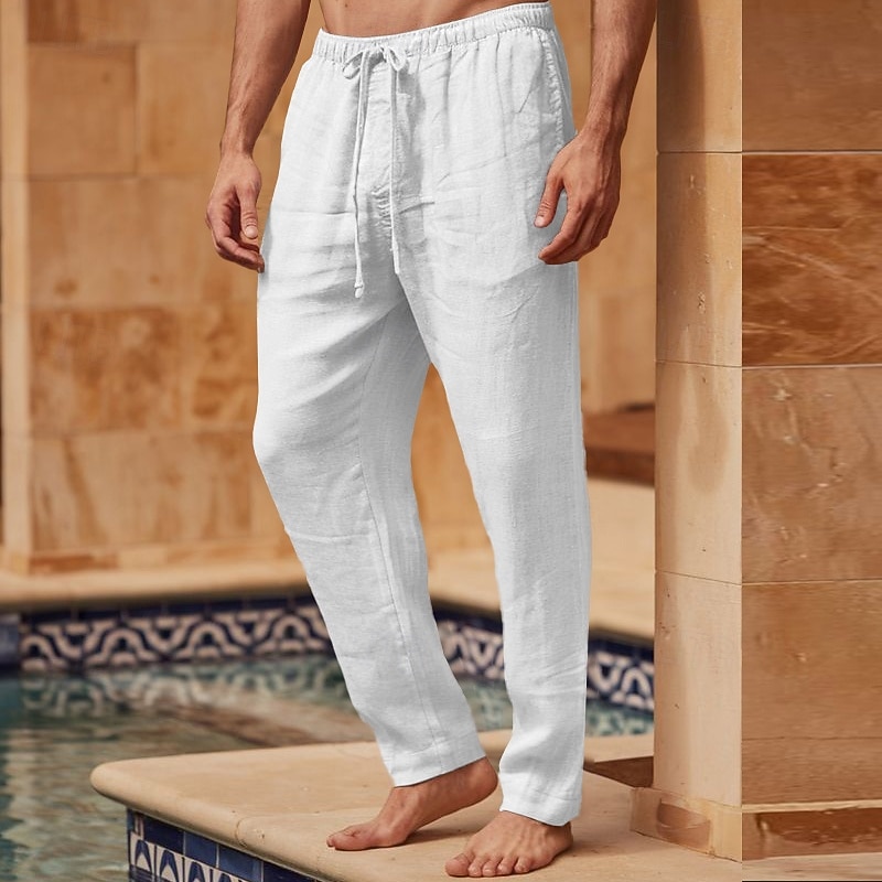 Men's Linen Pants Trousers Summer Pants Beach Pants Drawstring Elastic Waist Plain Breathable Lightweight Full Length Outdoor Daily Holiday Vacation Fashion Black White