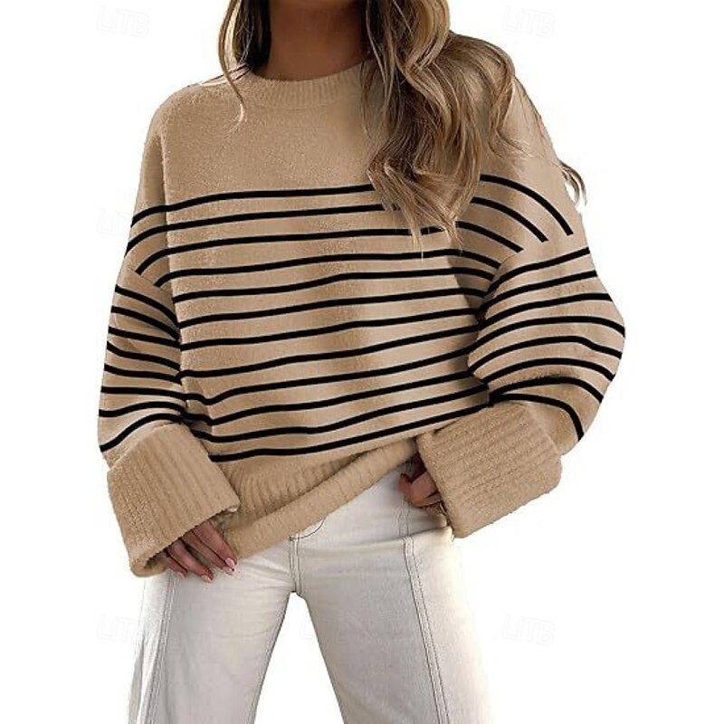 Women's Sweater Pullover Fashion Striped Ribbed Crew Neck Knitted Long Sleeve Regular Tops Knit Outdoor Going out Weekend Black White Fall2