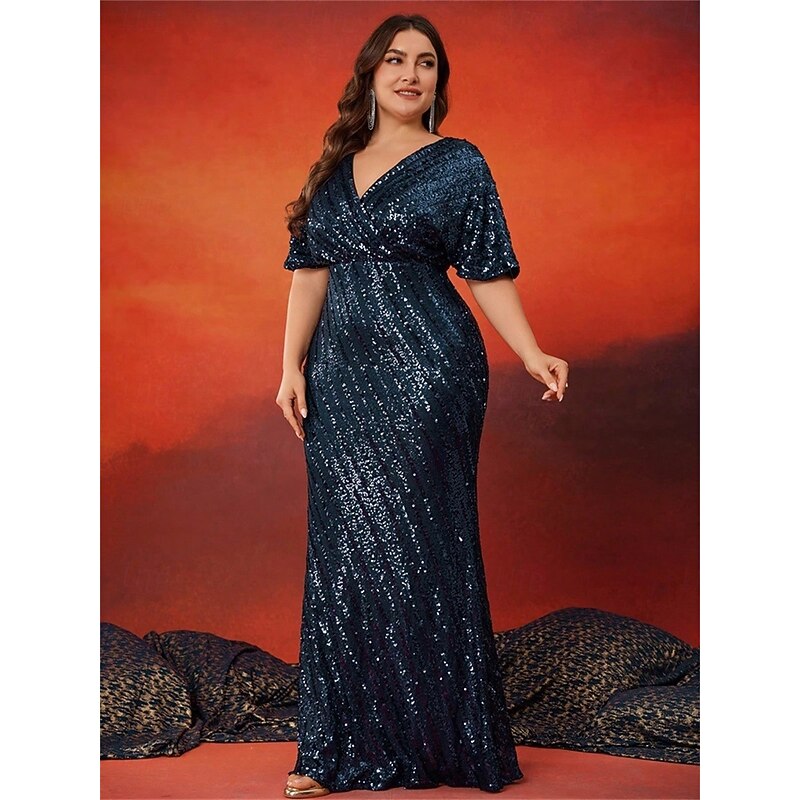 Mermaid / Trumpet Plus Size Dresses Elegant Curve Dress Formal Wedding Floor Length Short Sleeve V Neck Polyester with Sequin3