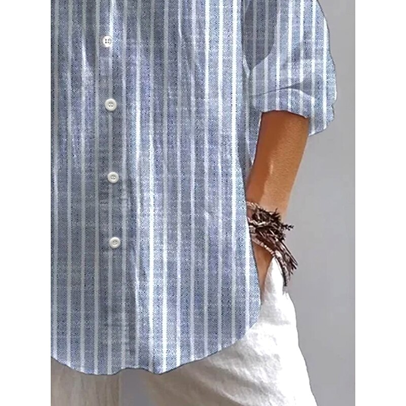 Women's Shirt Button Down Tunic Shirt Collar Long Sleeve Graphic Striped Vintage Daily Stylish Regular Tops Daily Holiday Going out s Denim Blue Light Blue Spring3