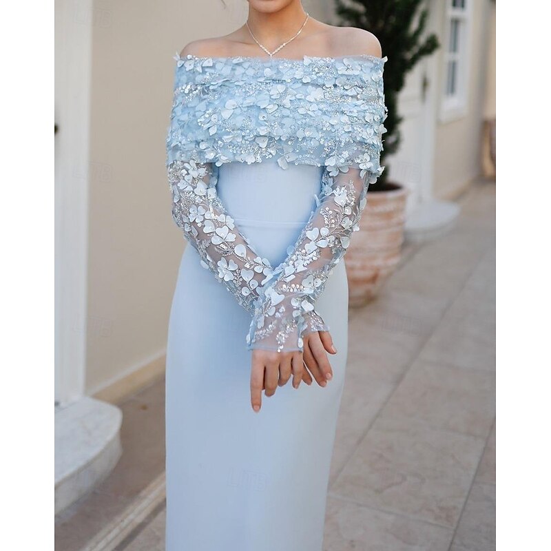 Sheath / Column Cocktail Dresses Detachable Cape Stretch Crepe Elegant Dress Formal Wedding Tea Length Sleeveless Off Shoulder  with Floral Beading Lace4