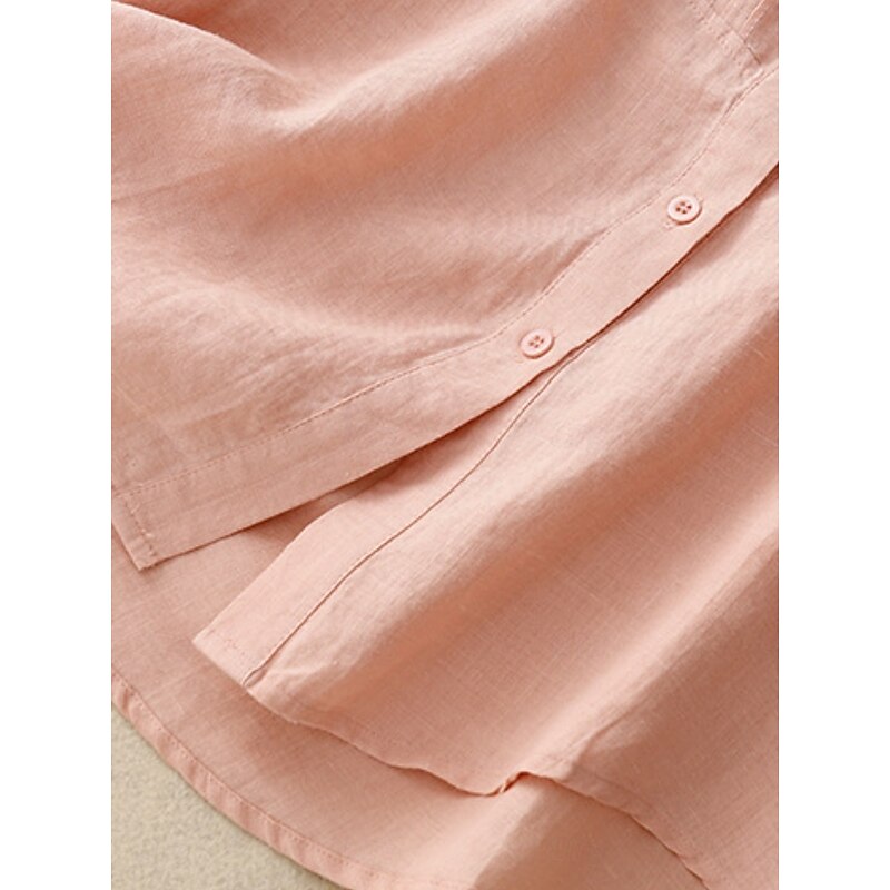 Women's Cotton Linen Shirts Solid Color Stylish Basic Casual 3/4 Length Sleeve Shirt Collar Regular Tops Daily Buttons White Pink Light Blue Summer4