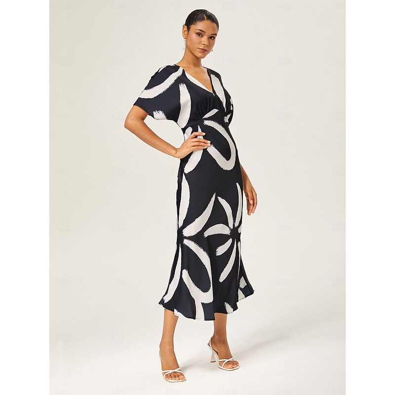 Women's Women Casual Dress Long Dress Maxi Dress Black-white Short Sleeve Abstract Summer V Neck Elegant Vacation XS S M4