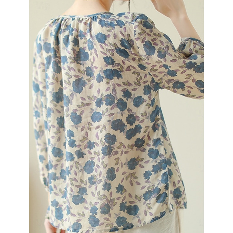 Women's Cotton Linen Shirts Floral Basic Casual 3/4 Length Sleeve Crew Neck Regular Tops Daily Print Blue Summer2
