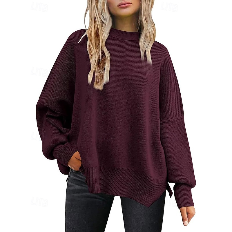 Women's Sweater Pullover Casual Solid Color Ribbed Crew Neck Knitted Long Sleeve Regular Tops Knit Going out Weekend Black White Fall2