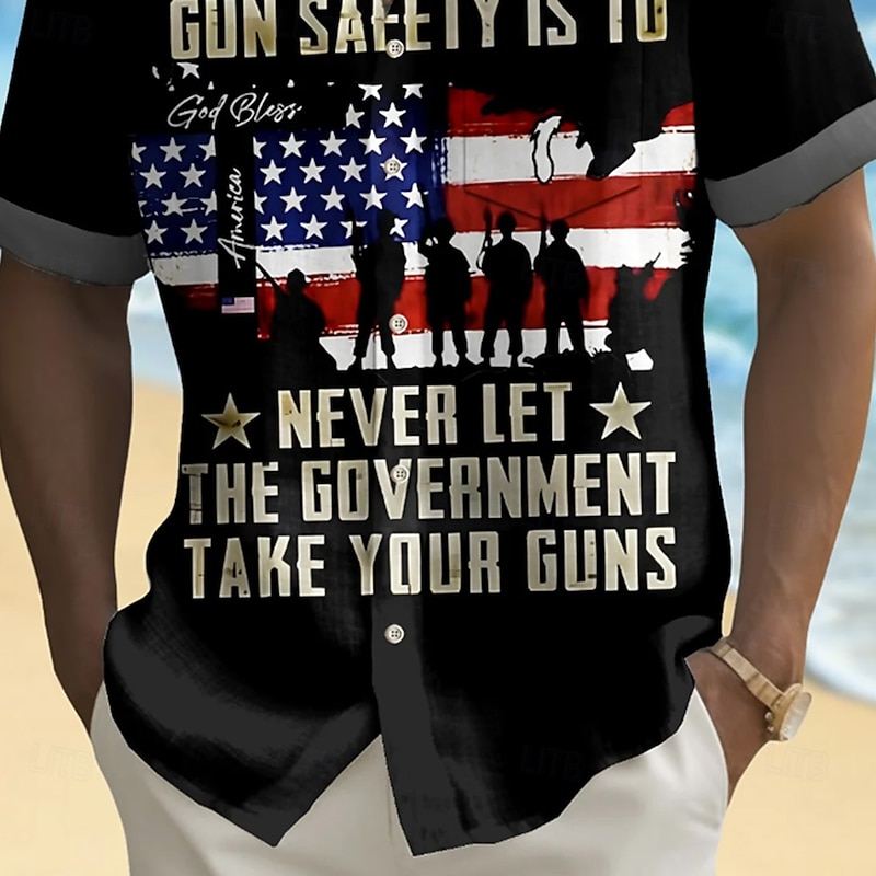 Independence Day Men's US Flag Veterans Patriotic Shirt Summer Shirt Button Up Shirt Short Sleeve Fashion Casual Holiday Summer Spring Turndown 3D Print Collared Shirts Front One Pocket Black3