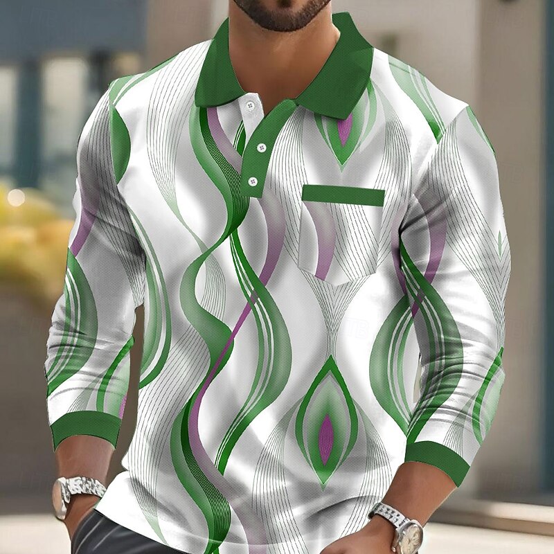 Men's Geometric Polo Long Sleeve Polo Shirts Collared Shirts Casual Business Casual Business Athleisure Daily Wear Buttons Pocket 3D Print Spring Fall Winter Blue Purple Green2