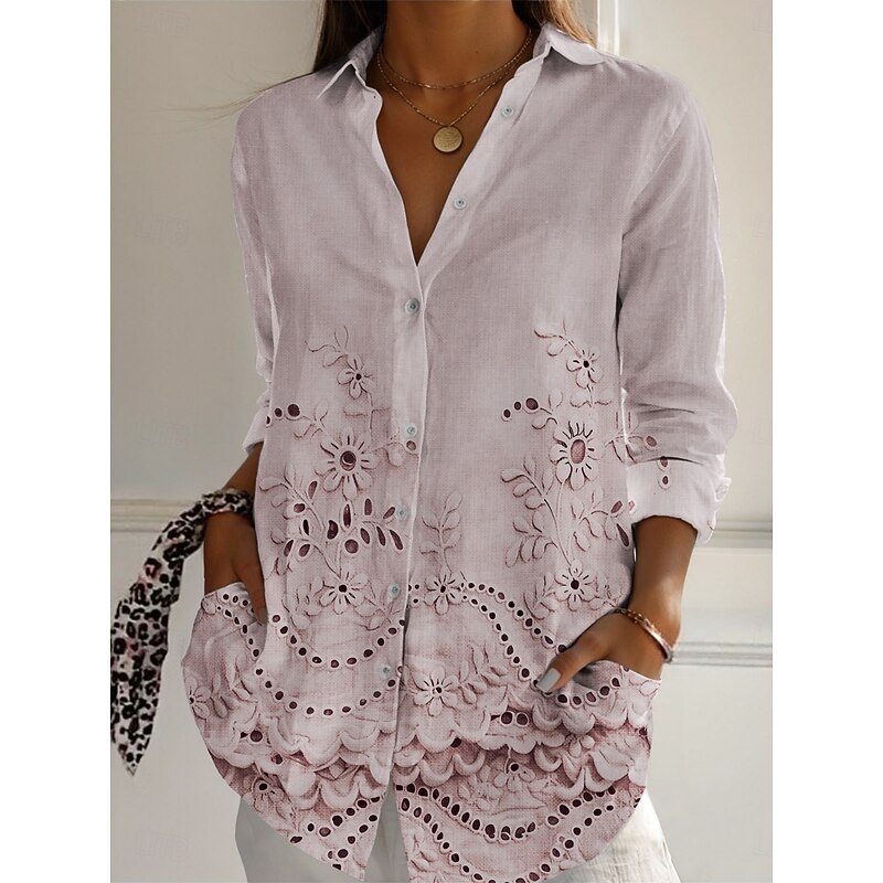 Women's Shirt Floral Active Daily Stylish Long Sleeve Shirt Collar Regular Tops Daily Holiday Buttons Print White Pink Blue Spring Fall2
