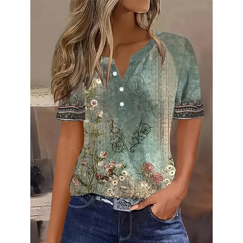 Women's T Shirt Ombre Floral Graphic Vintage Stylish Classic Short Sleeve Notched Neck Regular Tops Daily Weekend Print White Blue Green Summer Spring3