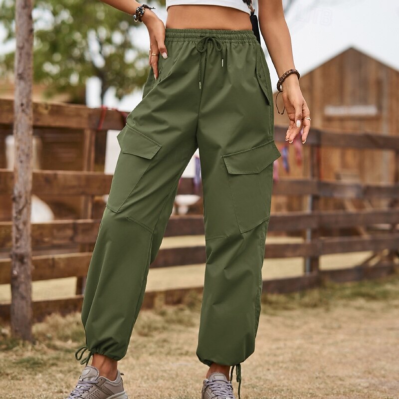 Women's Cargo Pants Slacks Streetwear Casual Full Length Natural Plain Pocket Elastic Drawstring Design Comfy Outdoor Comfortable Sports & Outdoor Street Holiday Black Army Green Khaki Summer Regular2