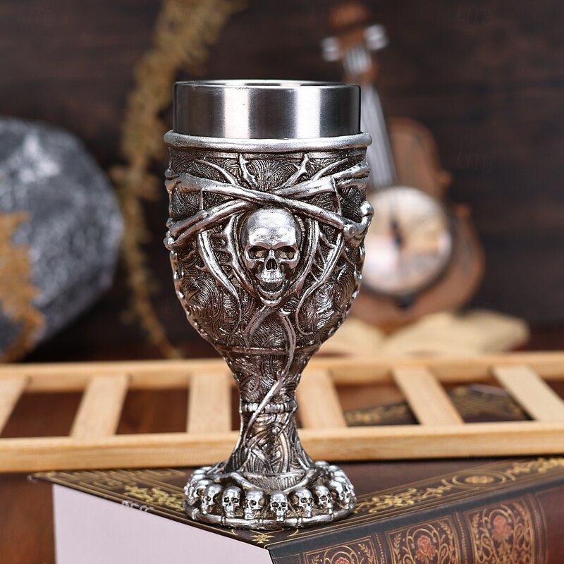 Halloween Skull Wine Goblet Vintage 3D Skull Stemmed Glass Unique Resin & Stainless Steel Embossed Design, Fun Barware for Red Wine, Halloween Party Decor3