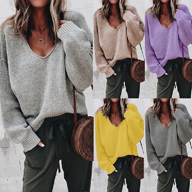 Women's Sweater Pullover Casual Solid Color Ribbed V Neck Knitted Long Sleeve Regular Tops Knit Daily Holiday Weekend Yellow Purple Fall