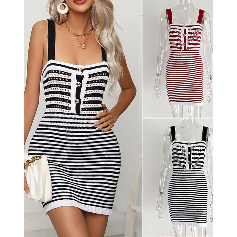 Women's Mini Dress Casual Dress Summer Dress Slip Dress Fashion Outdoor Party Holiday Regular Fit Striped Sleeveless Straps Black Red Summer
