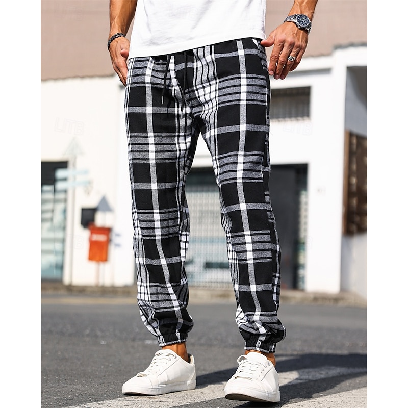 Men's Trousers Casual Pants Drawstring Elastic Waist Plaid Wearable Outdoor Daily Fashion Classic Black4