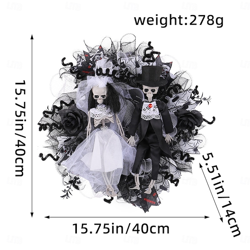 Halloween Wreaths for Front Door Indoor Outdoor Decoration, Skeleton Bride and Groom Mesh Floral Wreath with Ghost Vine for Haunted House Spooky Decor3