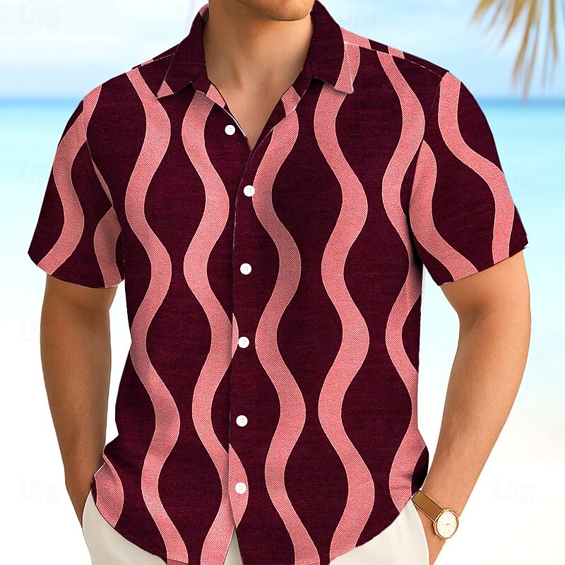 Men's Geometric Waves Shirt Summer Shirt Button Up Shirt Short Sleeve Fashion Casual Outdoor Vacation Dailywear Summer Spring Turndown 3D Print Collared Shirts Wine Green Dark Blue4