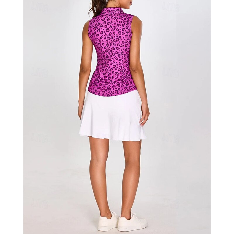 Women's Graphic Leopard Sport Shirt Golf Polo Shirt Tennis Shirt Sleeveless Zipper High Elasticity Moisture Wicking Breathable Tennis Golf Pickleball Turndown Zip Collar Shirt Top Rose Red Tennis3