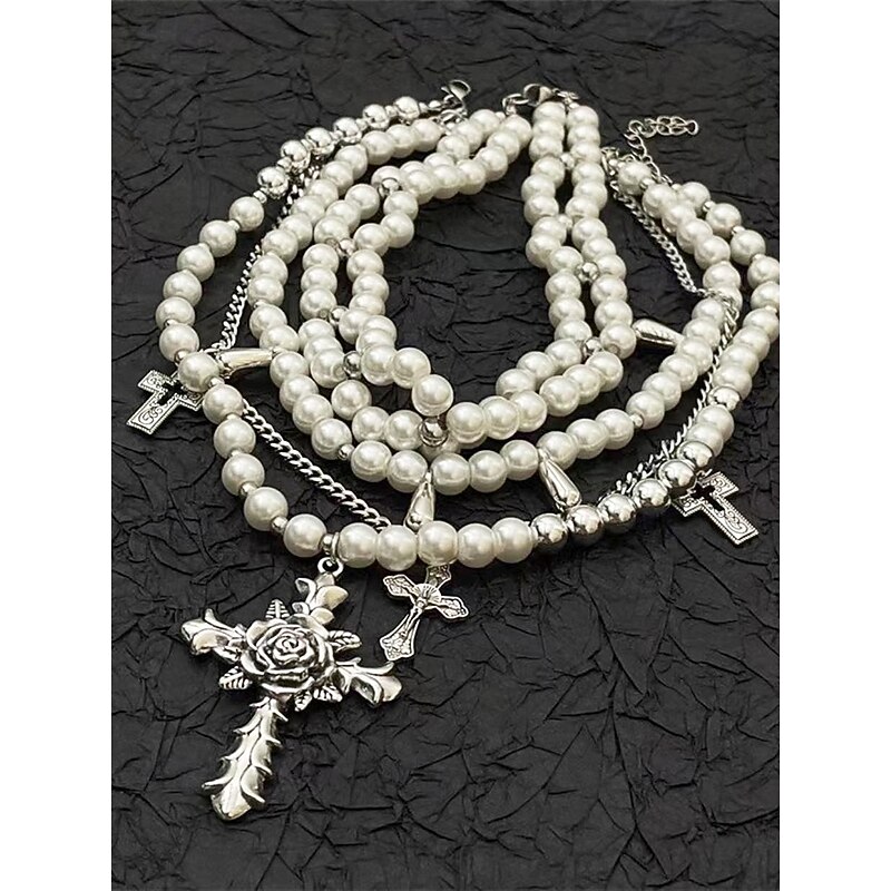 Women's Gothic Pearl Rose Thorn Cross Multi-layer Necklace - Vintage Multi-strand Necklace Jewelry for Halloween Parties and Vintage Occasions4