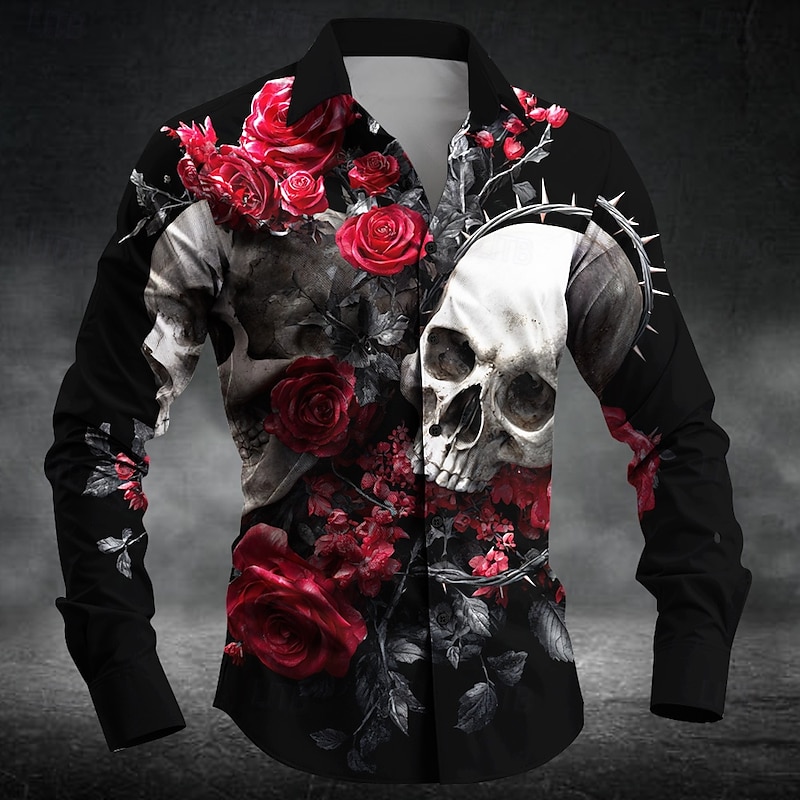 Men's Romantic Halloween Costumes Day of the Dead Shirt Button Up Shirt Long Sleeve Dark Gothic Style Holiday Streetwear Summer Spring Turndown 3D Print Collared Shirts Black Yellow Blue Purple Orange