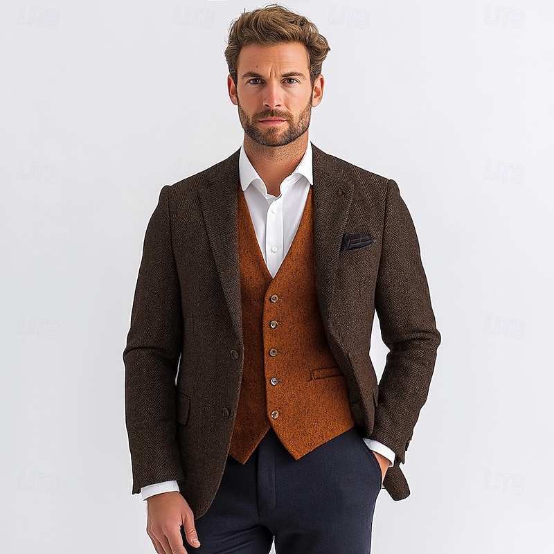 Men's Tweed Blazer Wool Herringbone Blazer Brown Green Grey  Retro Office Standard Fit Single Breasted Two-buttons